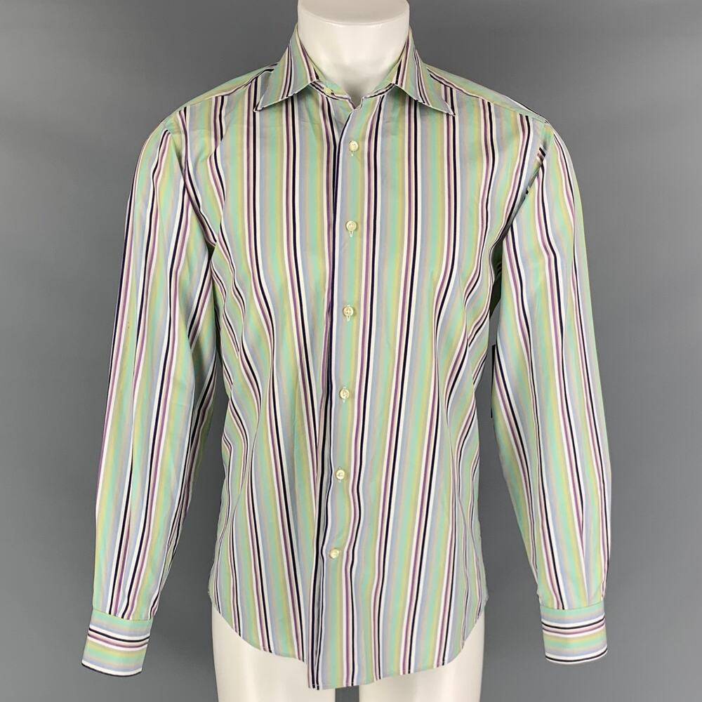 ETRO Size M Green Black Stripe Cotton Long Sleeve Shirt